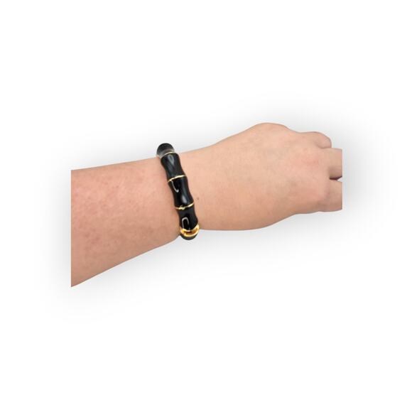 Black and Gold Bangle – Elegant Enamel Bamboo Hinge Bracelet - Picture 9 of 9